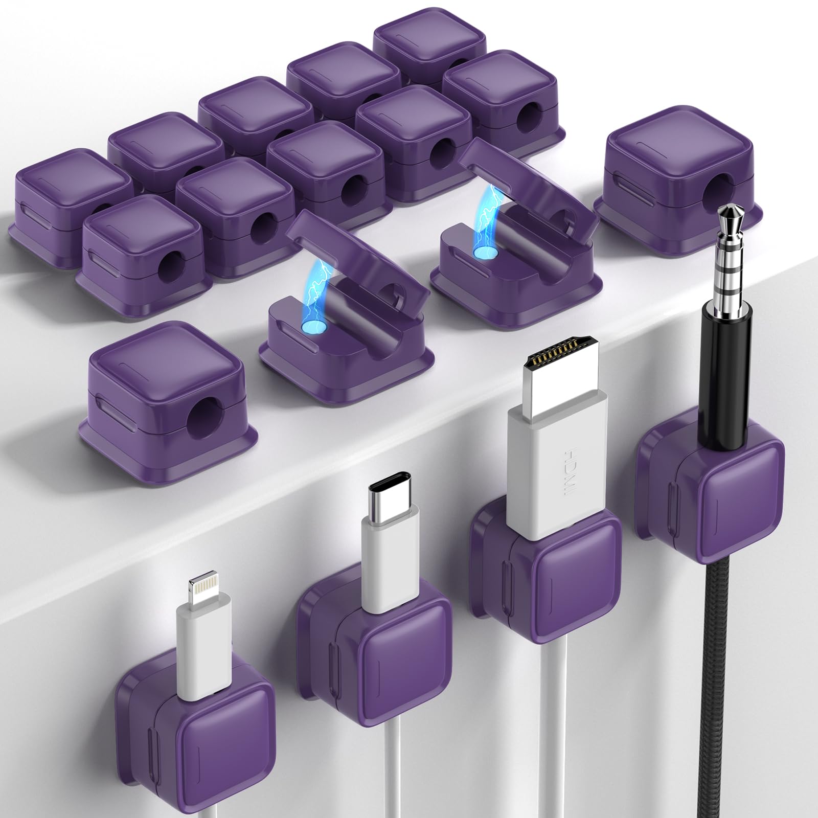 18 Pack Magnetic Cord Organizer, Easy Secure Adhesive Cable Management, Wire Holder Keeper Organizer Management, Hide/Organize Phone USB Charger Cable for Home,Office,Car,Desk,Nightstand-Darkpurple