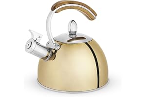 Pinky Up Presley Tea Kettle, Stovetop Stainless Steel Kettle, Whistling, Tea Accessorie gifts, Fast Boil Water Kettle, Wooden Handle, 70 oz, Gold