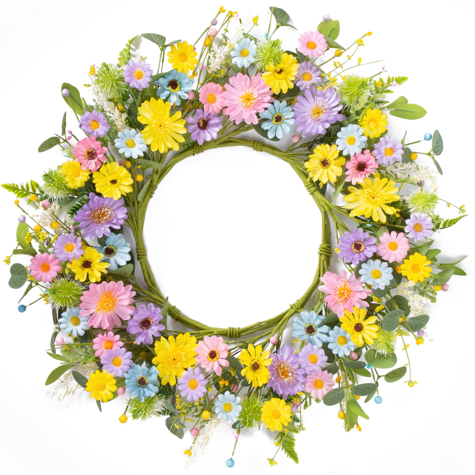 Photo 1 of 24" Front Door Wreath for Spring Summer Floral Seasonal Wreath with Colorful Flower Vibrant Artificial Daisy &Eucalyptus with Berries for Indoor & Outdoor Wall Home Decor