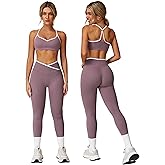 QBGJTD Womens Workout Set Two Piece Spaghetti Straps Cross Back Sports Bra Matching High Waist Leggings Gym Work Out Outfits
