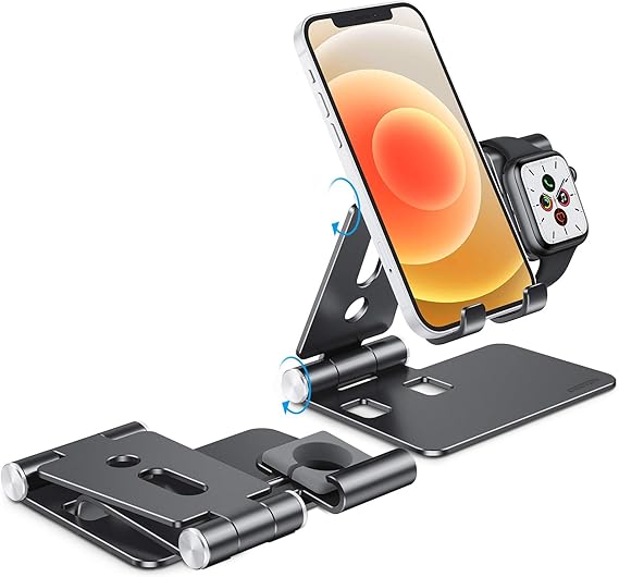 Amazon Com Foldable Apple Watch Stand Omoton Portable Aluminum 2 In 1 Charging Stand Holder Dock For Nightstand Designed For Apple Watch Compatible With All Iphone And Android Phones Black