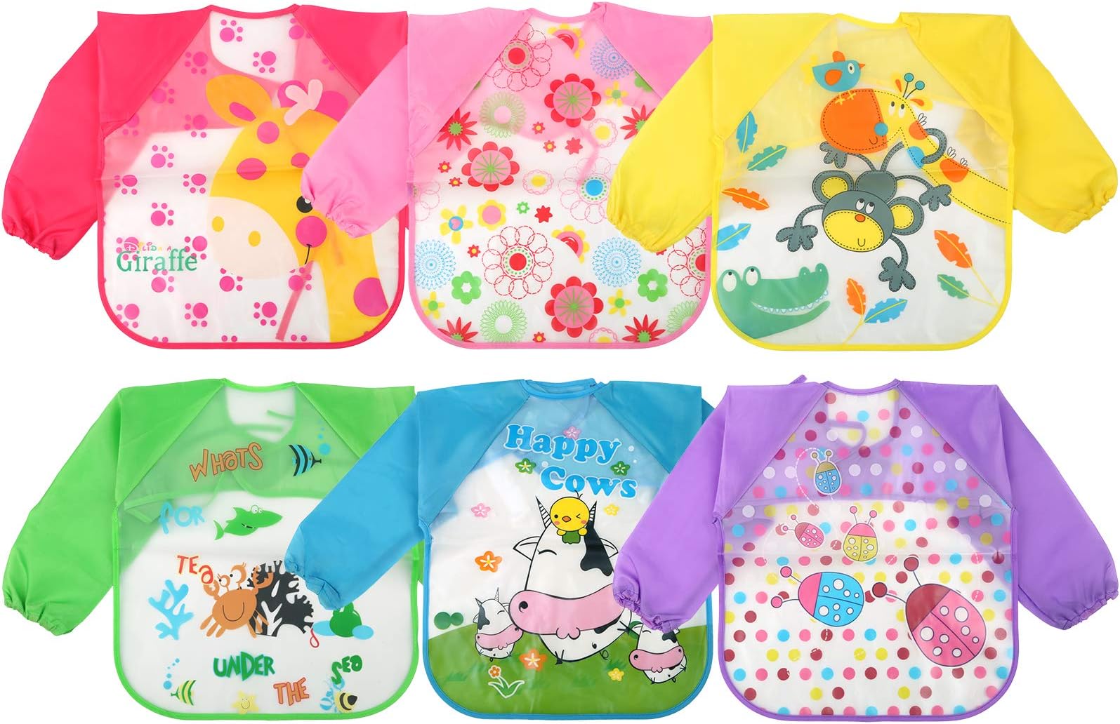 WXBOOM 6-pack Baby Sleeved Bibs, Bumkins Bib Baby Smock Waterproof, Stain and Odor Resistant for 12-36 Months
