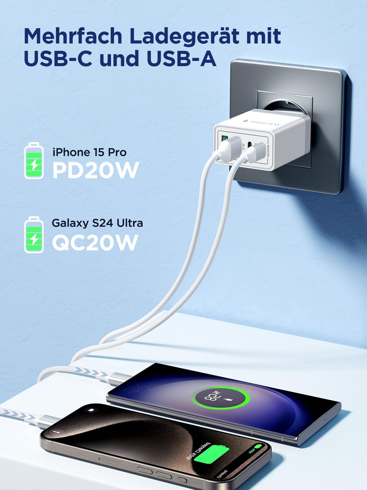 Aioneus USB C Ladegerät, 4 Ports Mehrfach Ladegerät mit USB-C und USB-A, 40W Schnellladegerät PD 3.0 Power Adapter USBNetzteil für iPhone 16 15 14 Pro Max 13 12 11 SE 2020 XS XR 8 7, Samsung, Handys 3