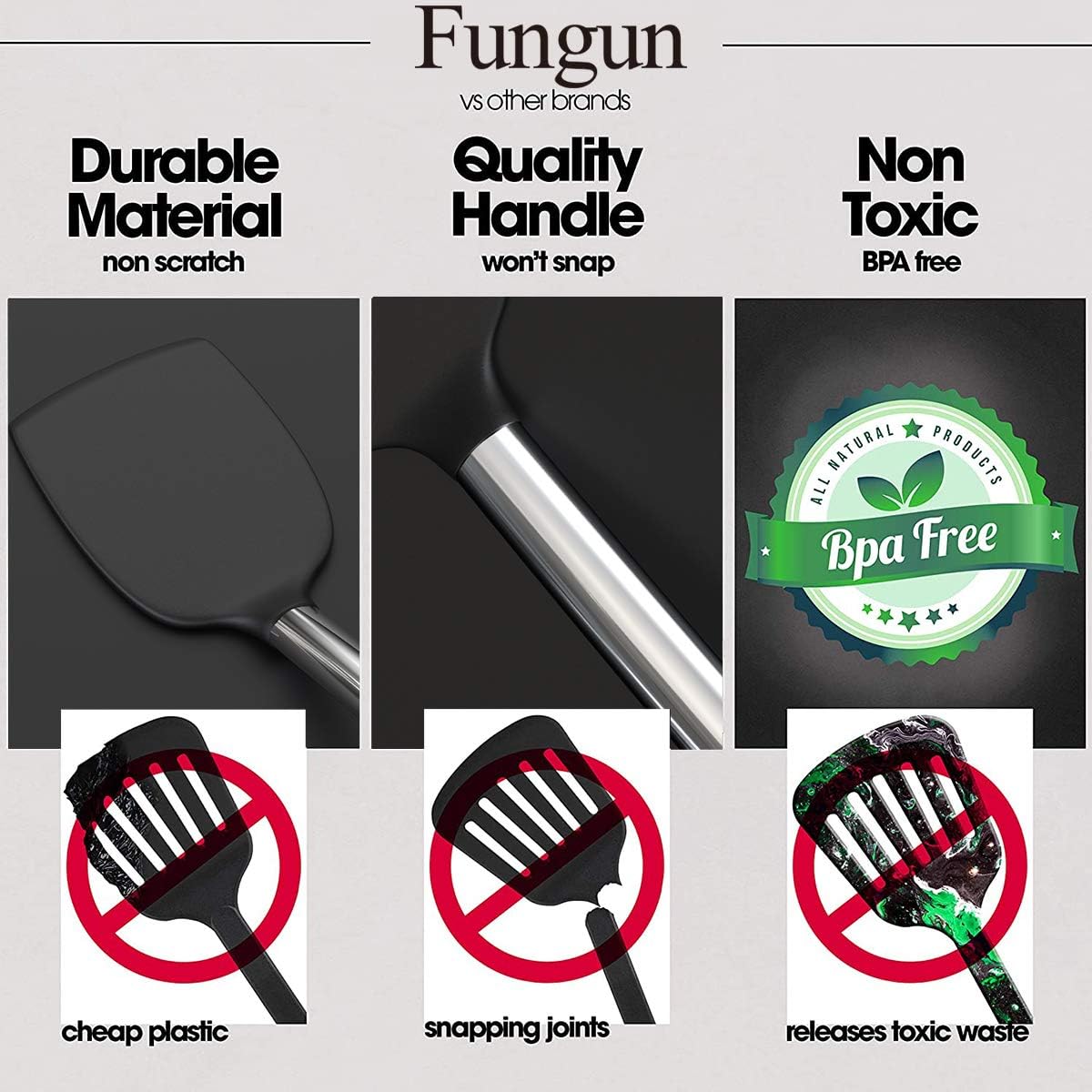 Silicone Cooking Utensil Set, Fungun Non-stick Kitchen Utensil 24 Pcs Cooking Utensils Set, Heat Resistant Cookware, Silicone Kitchen Tools Gift with Stainless Steel Handle (Black-24pcs): Kitchen & Dining