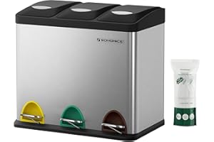 SONGMICS Pedal Bin, 3 x 8L Metal Rubbish Bin, Trash Bin for Kitchen, Waste Separation and Recycling, Includes 15 Bin Bags, Ea