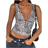 SOLY HUX Women's Leopard Print Crop Tank Top Tie Front Deep V Neck Y2k Party Tops