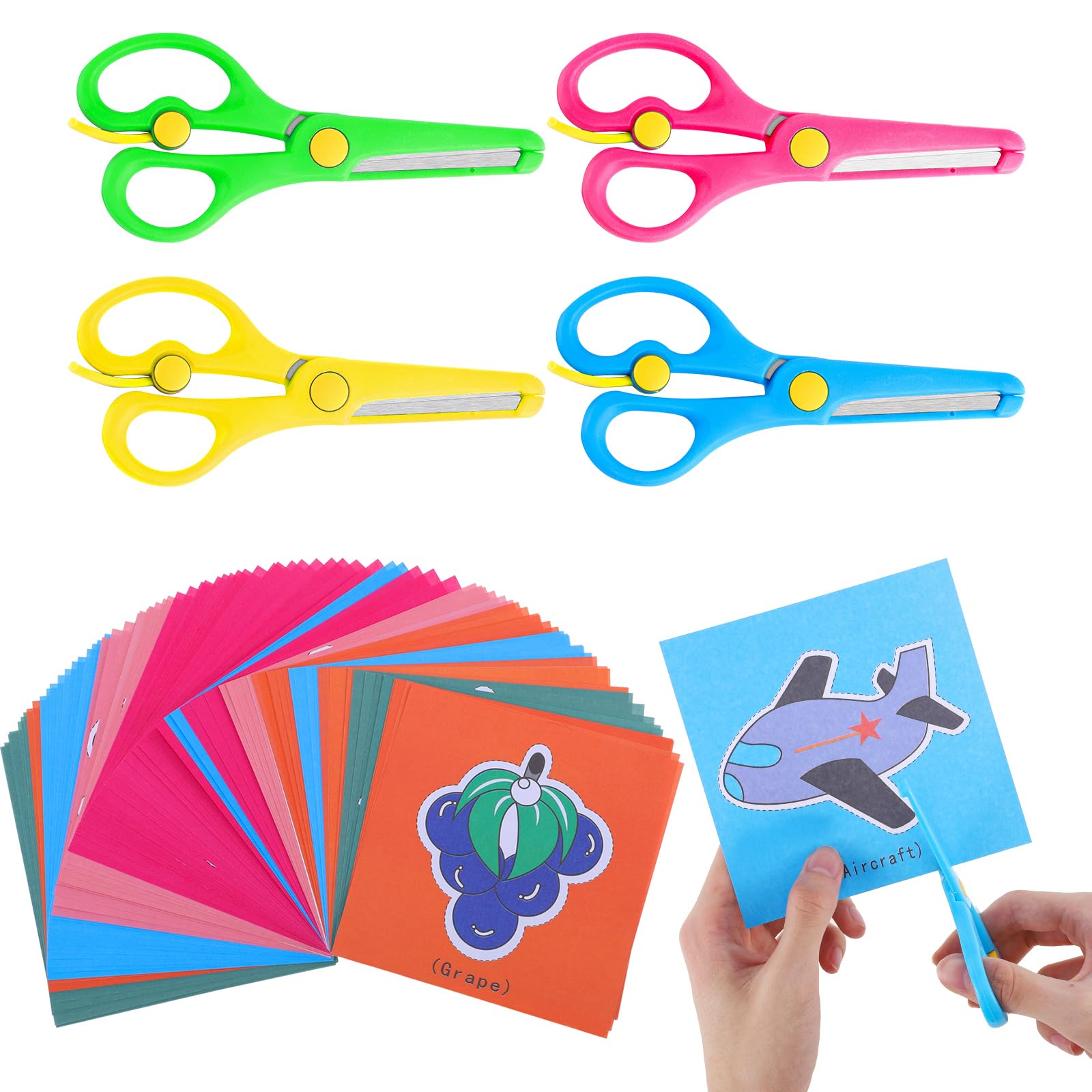 4 Pcs Kids Scissors, Childrens Safety Stainless Steel Scissors Safety Edge Plus Elasticity Design Right/Left Handed(with 96 Animal Paper-Cuts)