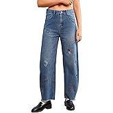 YEXPINE Women Valentines Day Pattern Embroidered Barrel Jeans Wide Leg Mid Rise Baggy Boyfriend Y2K Denim Pants with Pockets