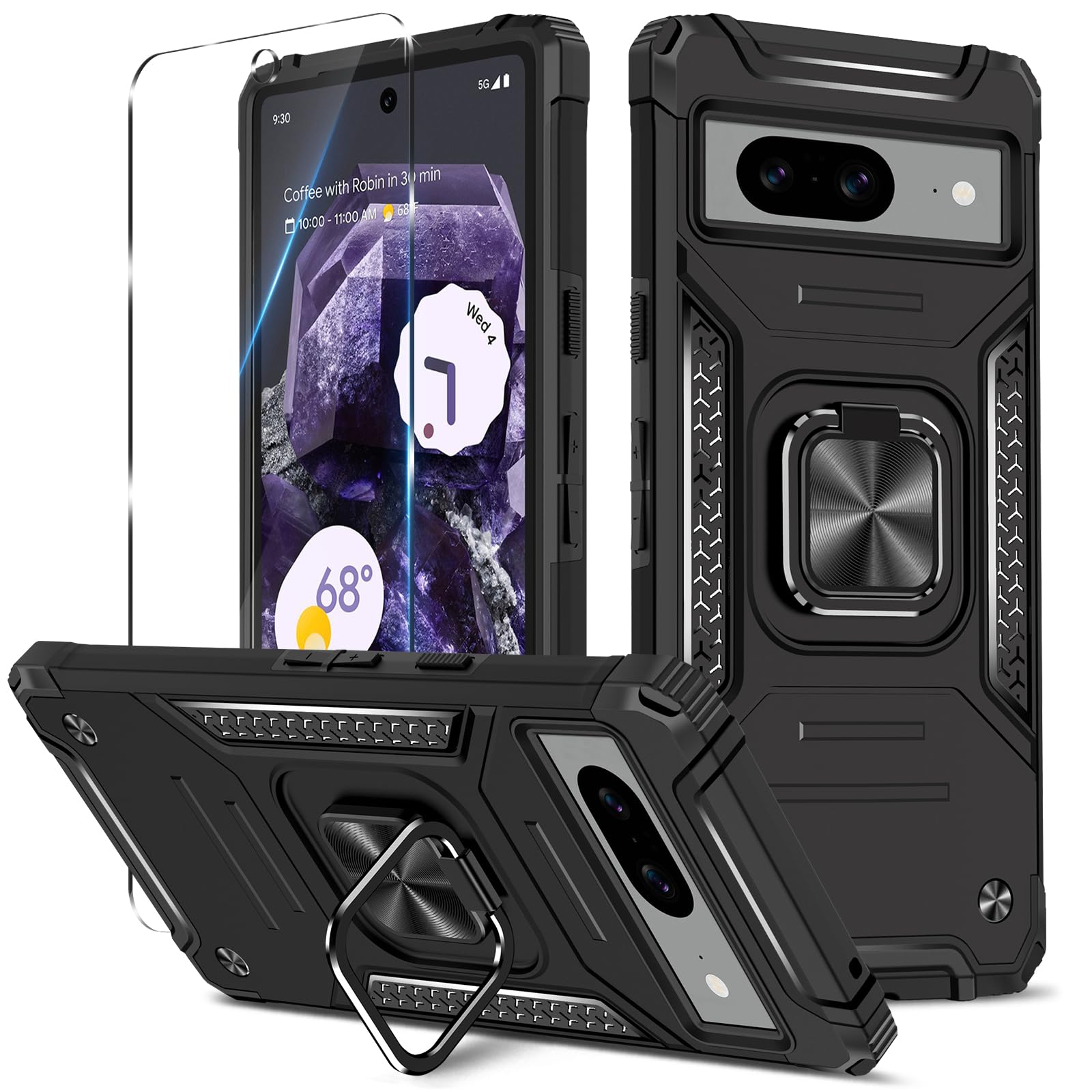 Btstring Case for Google Pixel 8 and Screen Protector Tempered Glass, Shockproof Phone Case, Heavy Duty Personalised Case with Stand, Case Cover Support Magnetic Car Holder, Black — image 1