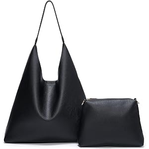 Hobo Bags for Women 2 Pcs Set, Large Soft Vegan Leather Slouchy Tote Bag | Faux suede lining, magnetic snap closure, matching