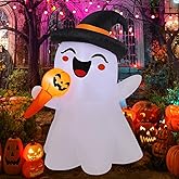 COMIN 5.1FT Halloween Inflatables Singing Ghost Witch Hat Yard LEDs Decor | Built-in LEDs and singing ghost witch hat pumpkin design for Halloween lawn, garden, porch and party displays.