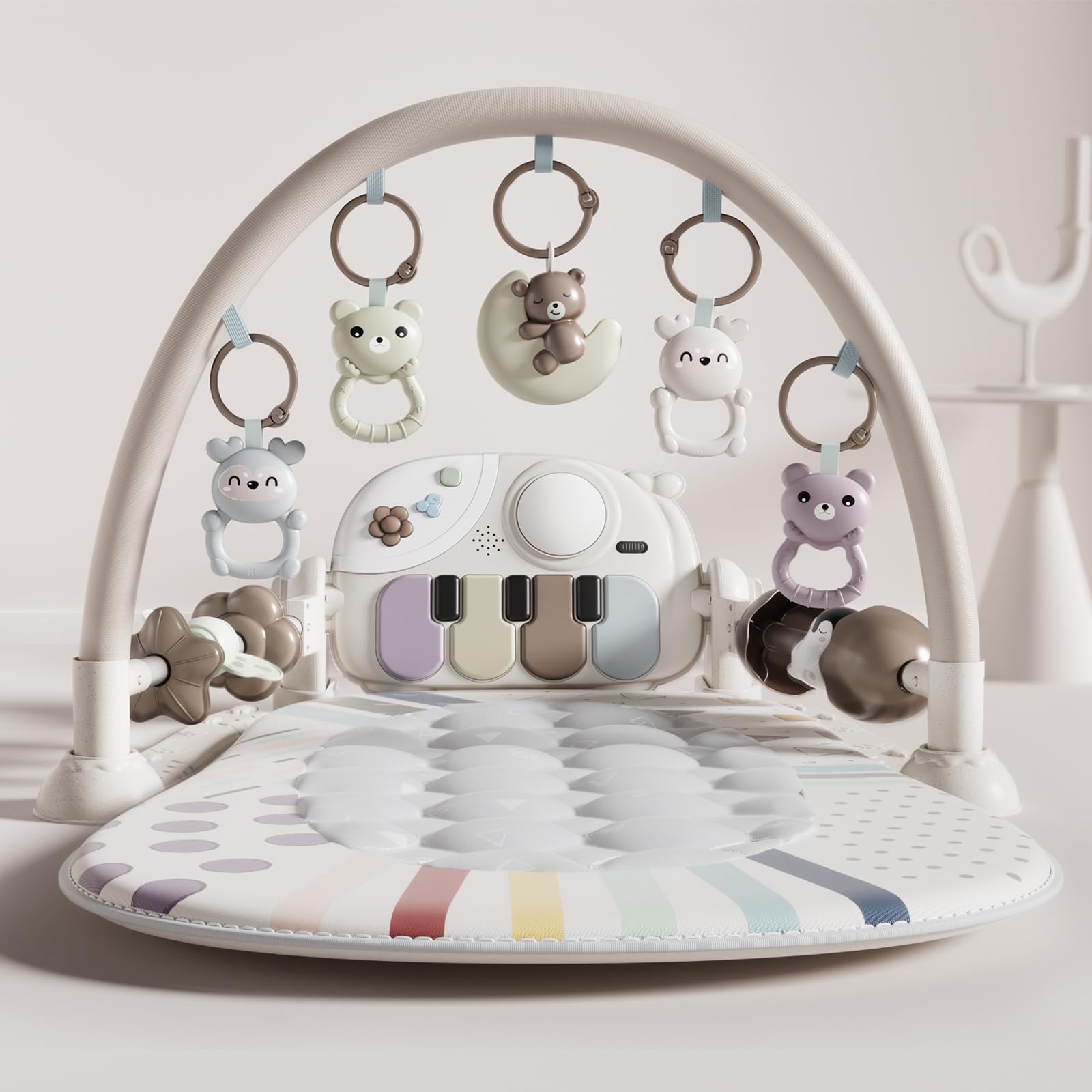 Photo 1 of Jovow Baby Gym with Kick and Play Piano, Baby Play Mat Tummy Time Activity Gym Mat with 5 Infant Sensory, Music & Lights Boy or Girl for Newborn 0 to 3 6 9 12 Months