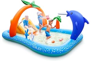 Kiddie Pool,Evajoy Inflatable Play Center Kiddie Pool with Slide, Wading Lounge Kids Pool, Coconut Palm Sprinkler, Ball Toss Game for Toddler, Kid Children, Garden Backyard Water Park, 95''x75''x40''