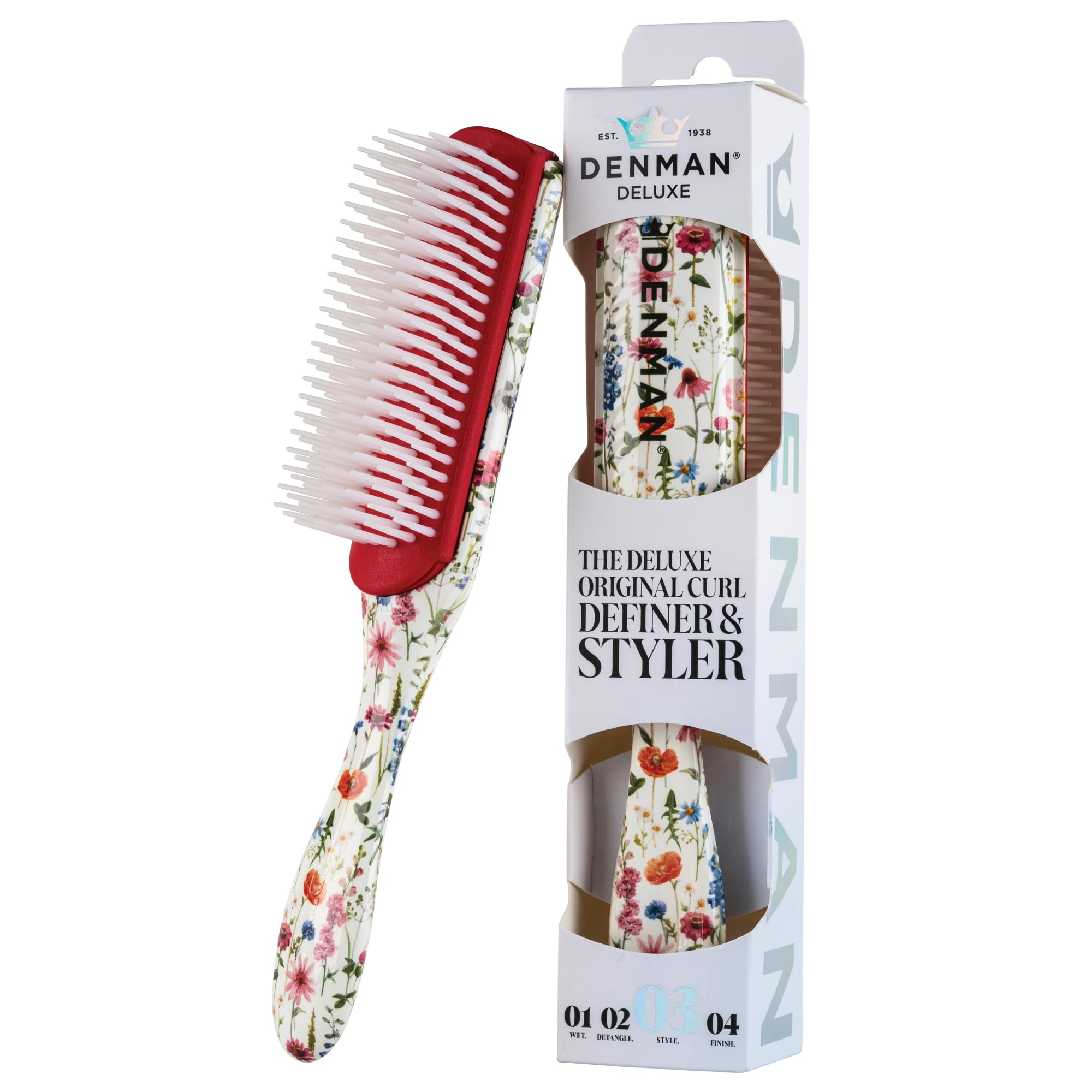 Denman D3 Curly HairBrush for Women & Men – 7 Row Detangling & Curl Defining Brush for Natural Curly, Coily, Wavy Hair – Styling Brush for Smooth Defined Curls, Floral Fantasy