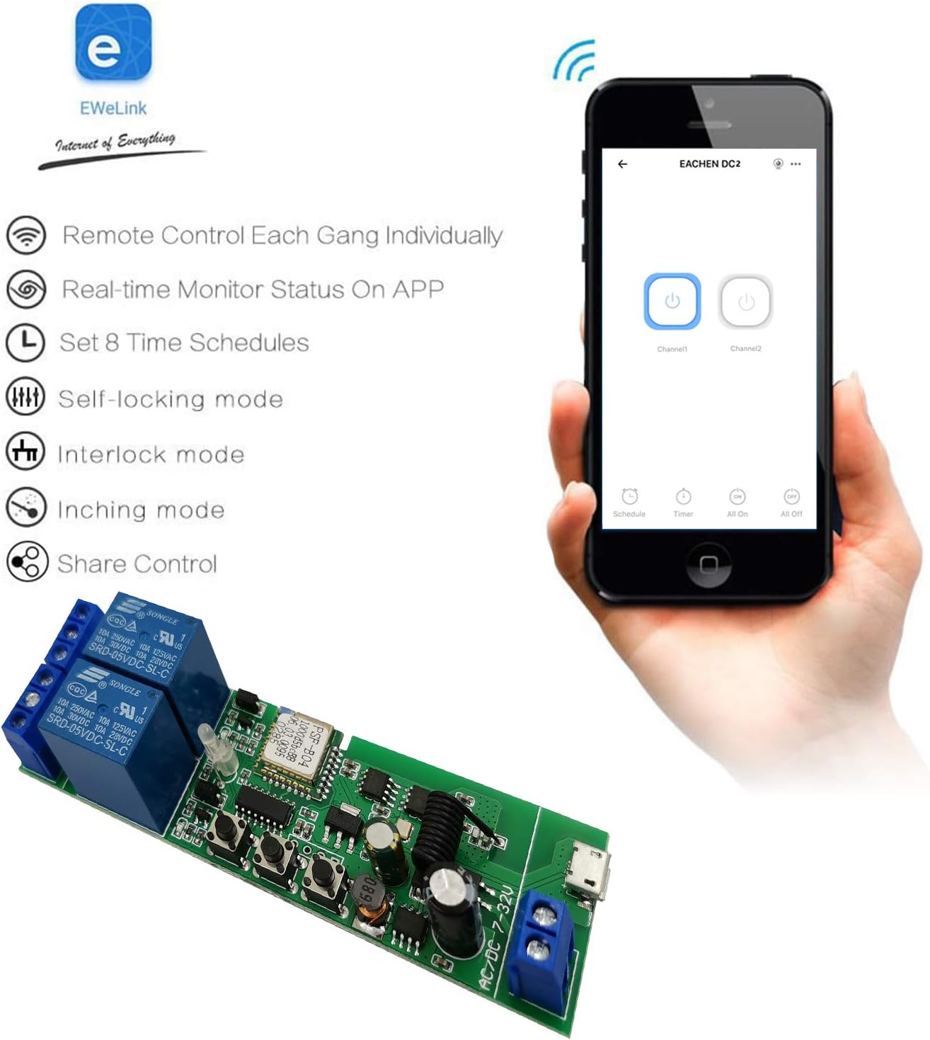 Newgoal 2-Channel Ewelink App Remote Control WiFi 433MHz RF Wireless Switch Relay, self-Locking, Interlock Mode - Image 4