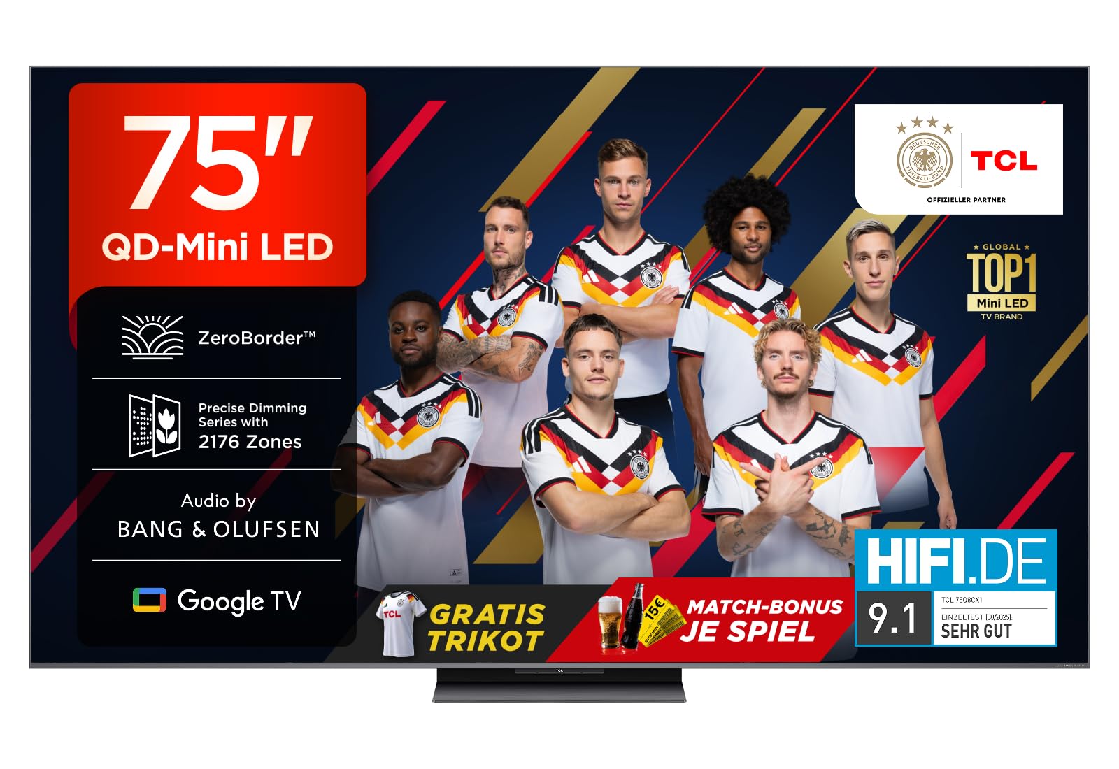 TCL 75Q8C 75 Zoll QD-Mini LED Fernseher, 4K HDR Premium 4500, ZeroBorder™, Smart Google TV, CrystGlow WHVA Panel, Audio von Bang & Olufsen, 144Hz Motion Clarity Pro, Dolby Vision IQ & Atmos