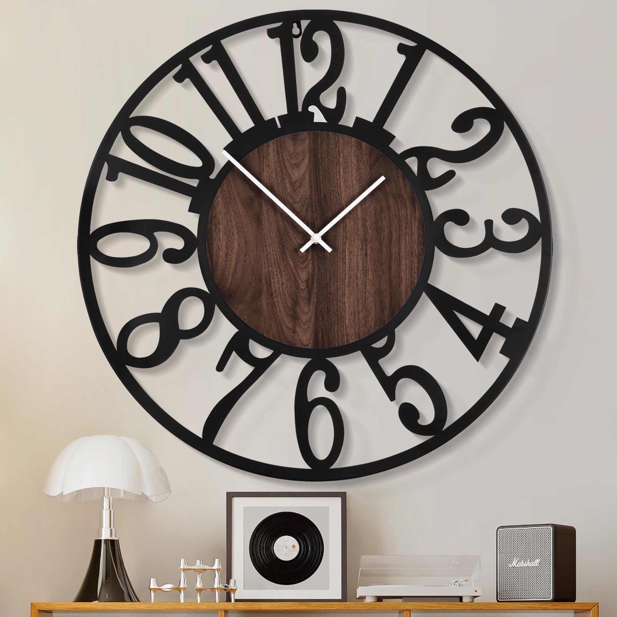 Photo 1 of 1st owned Large Wall Clock for Living Room Decor- 32" Decorative Antique Silent Little Ticking Battery Operated,Black Metal,Wood Clocks for Farmhouse,Dining Room,Bedroom,Kitchen - Arabic Numerals