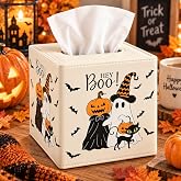 Whaline Halloween Tissue Box Cover, Boo Ghost Pumpkin Bat Black Cat | PU Leather Square Tissue Holder, Spooky Facial Paper Organizer, for Bathroom Bedroom Home Office Decor