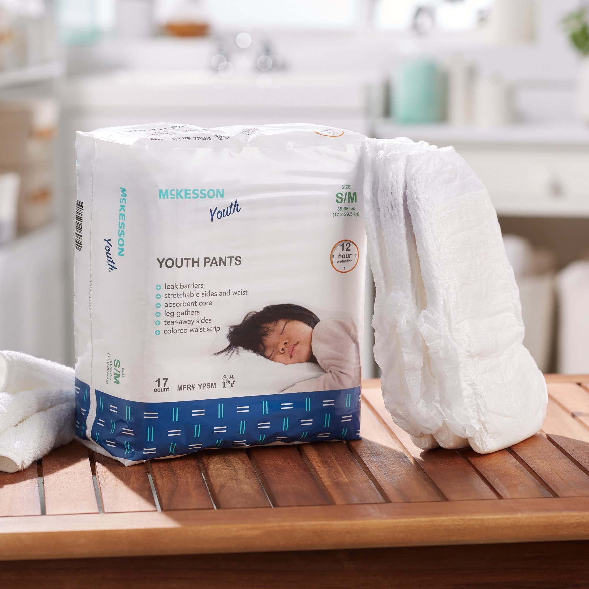 McKesson Youth Training Pants, [17 Count], Overnight Disposable Pull Up Diapers, Small/Medium, 38-65 lbs, Absorbent 12 Hour Leak Protection with Leg Gathers and Tear-Away Sides, for Boys or Girls