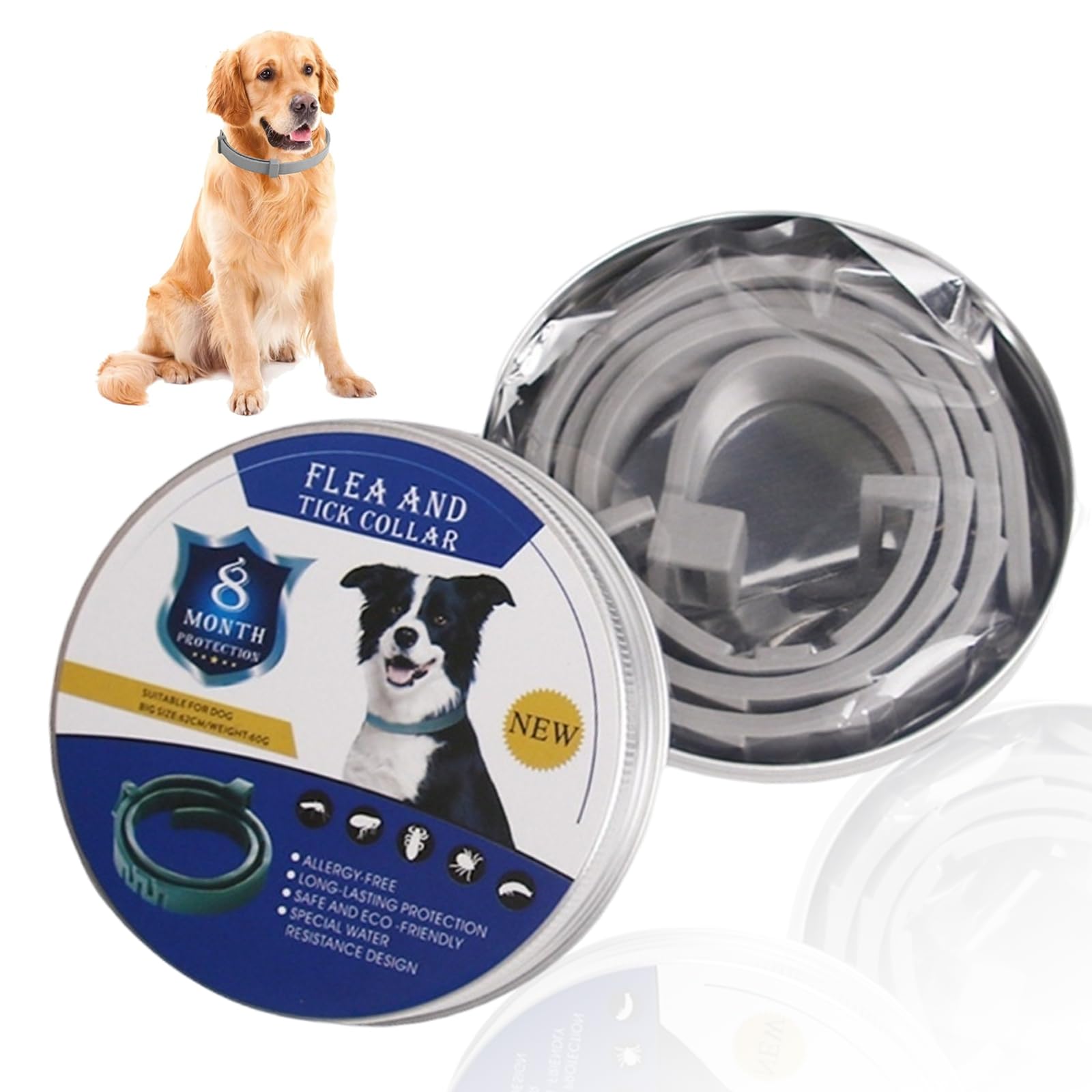 Repellent Adjustable Dog Collars, Soft Comfortable Lasting Waterproof Collar,Aluminum boxI with 8 Months Protection for Small/Medium/Large Dogs,It made of silica gel(Gray)