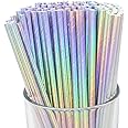 Just Artifacts Iridescent Disposable Drinking Party Paper Straws (100pcs, Silver), One Size