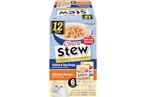 INABA Churu Stew for Cats, Side Dish Pouch with Vitamin E, 1.4 Ounces per Pouch, 12 Pouches, Chicken & Tuna Variety