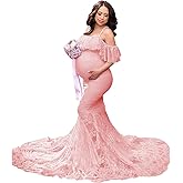 MYRISAM Women Maternity Lace Mermaid Gown Off Shoulder Ruffle Slim Fitted Photo Shoot Wedding Party Prom Baby Shower Dress