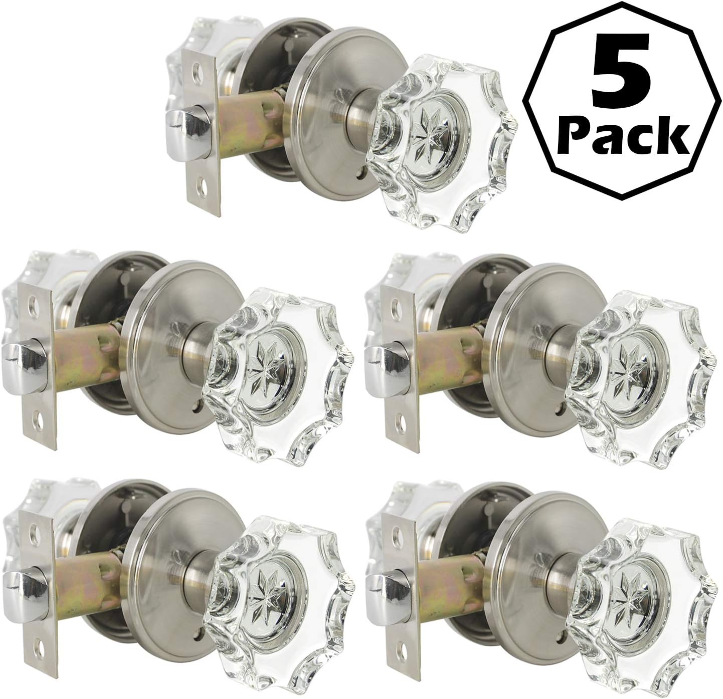 GOBEKOR 5 Pack Real Crystal Door Knob Sets with Lock Glass Privacy Knobs with Classic Rosette in Brushed Nickel,Interior Door Locksets for Bed and Batrh
