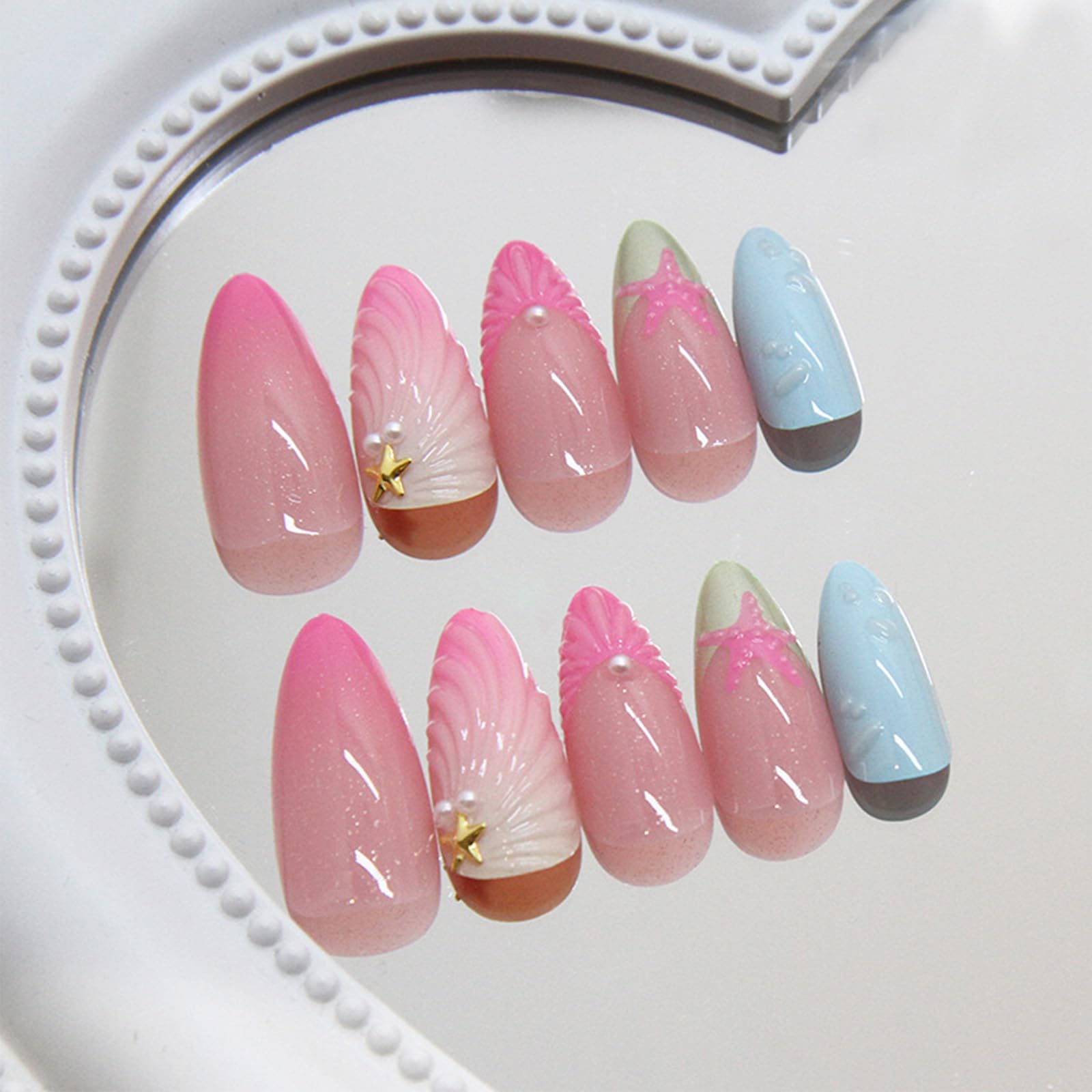Green French Press on Nails 3D Curve Line Stick on Nails Ocean Shell Design Starfish Acrylic Fake Medium Almond Nails 24 Pcs Glossy Pink Gradient False Nails Stars Gel Glue on Nails for Women Girls - Image 4
