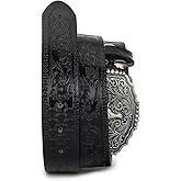 OVOY Western-Cowboy-Retro-Belt with Bull-Buckle, Floral Engraved Leather Cowgirl Belt for Jeans Pants
