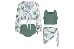 GRACE KARIN Girls Bathing Suit Adjustable Taniki Swimsuit Tie Front 4 Piece Bikini Set with Kimono Cover Up 6-14