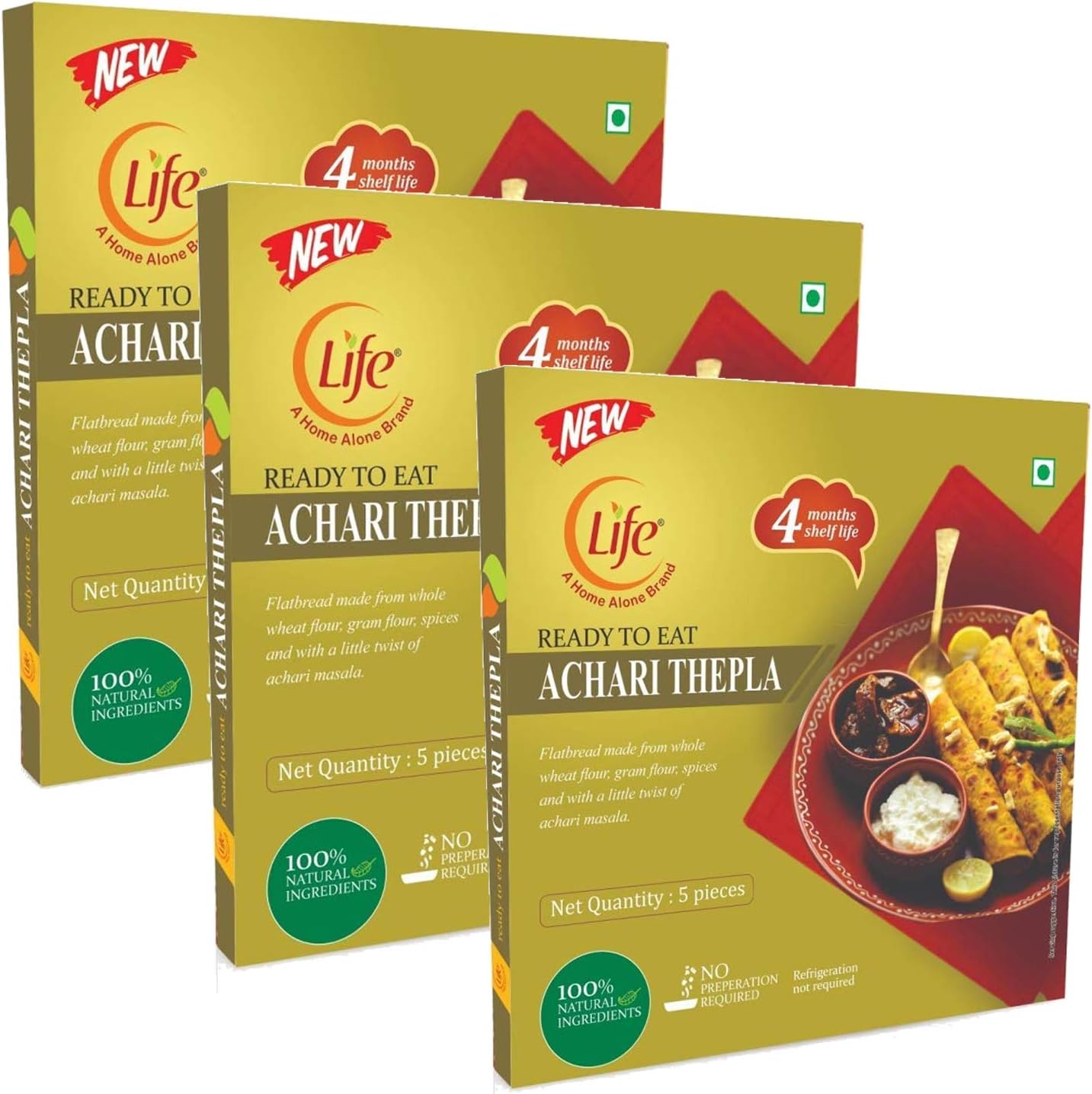 Life - Ready to Eat - Achari Thepla 200g Each (Pack of 3) - Fenugreek Pickle Parantha Roti - Healthy Lunch/ Dinner Option