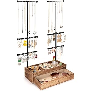 Emfogo 6 Tier Jewelry Organizer Stand, Rustic Wood & Metal Jewelry Holder, Earring Organizer with Adjustable Height Necklace