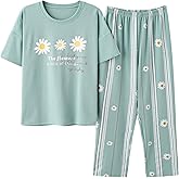 Vopmocld Big Girls' Short Sleeve Long Pants Pajama Sets 2PCS Cartoon Pattern & Letters Printed Sleepwear Lounge for Teens