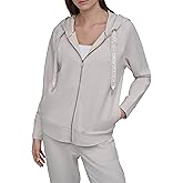 DKNY womens Two Tone Logo Drawcord Full Zip Hoodie Sweatshirt