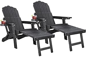 Qsun Adjustable Backrest Folding Adirondack Chair Set of 2, Adirondack Chair with Ottoman, Weather Resistant Fire Pit Chair with 2 Cup Holders, for Porch Backyard Outdoor Lawn Pool Deck Beach, Black
