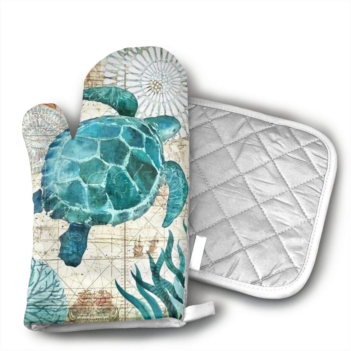 KEIOO Marine Life Theme Sea Turtle Oven Mitts and Potholders Heat Resistant Set of 2 Kitchen Set Non-Slip Grip Oven Gloves BBQ Cooking Baking Grilling