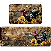 YWZDS Rooster Kitchen Rugs Set of 2, Country Farmhouse Style Sunflower Kitchen Mats with Rubber Backing Non Skid Washable, Chicken Kitchen Decorations (17" x 29 + 17" x 47")