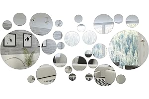 SHAPPY 32 Pieces Mirror Wall Stickers Removable Acrylic Mirror Setting Adhesive Round Circle Mirror Tiles Decals for Home Living Room Bedroom Decor (Small Size)