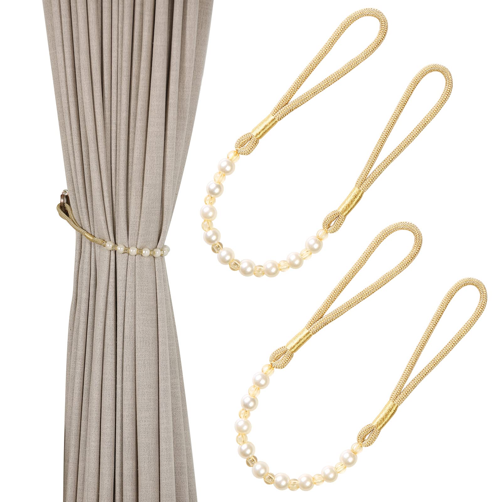 Pair Of Acrylic Pearl Curtain Tie Backs Curtain Tied Rope Decoration (Gold)