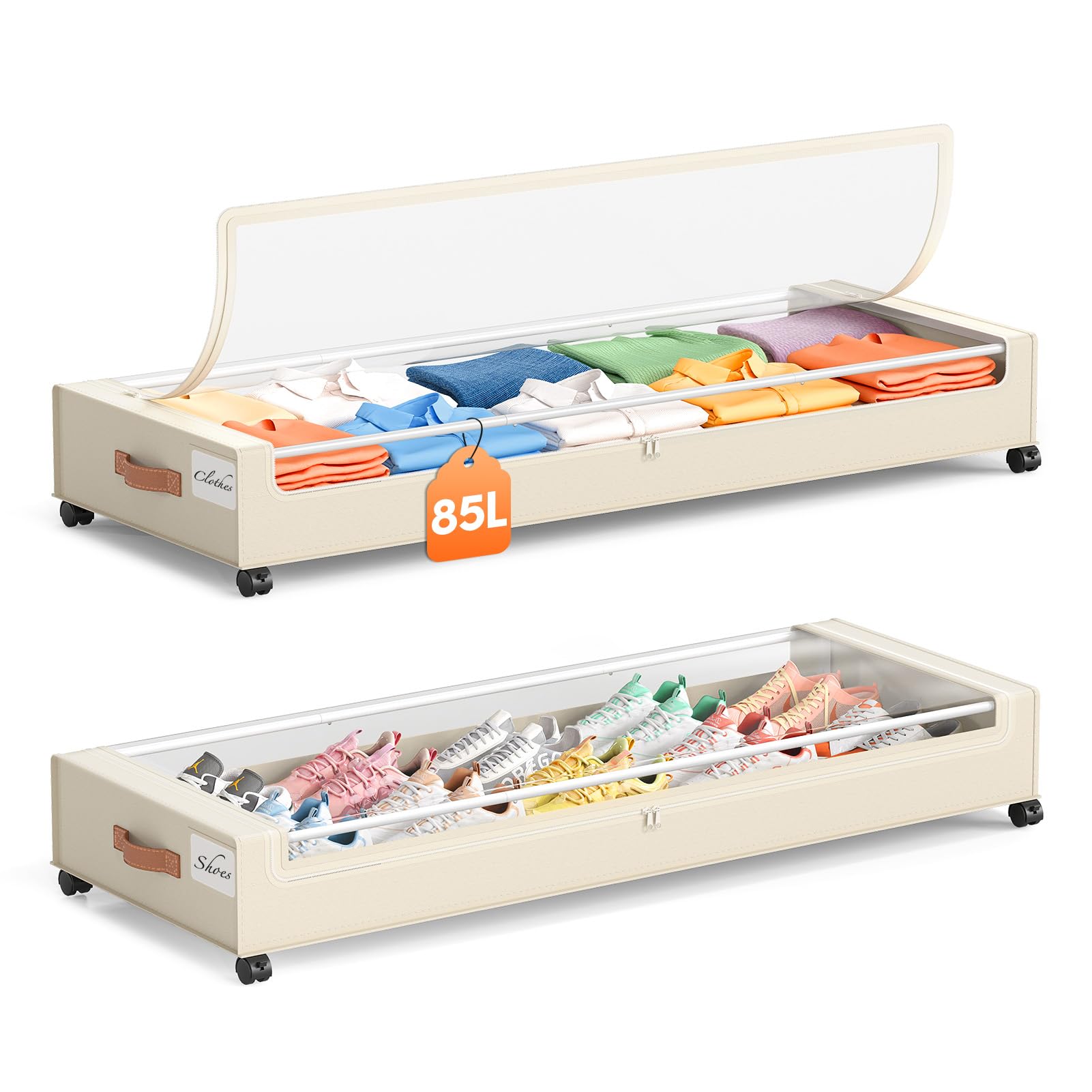 Photo 1 of Yecaye Under Bed Storage with Wheels 2 Pack, 85L Extra Large Under Bed Storage Containers with Metal Frame & Clear Lid, Rolling Underbed Organizer Bins Drawers for Clothes, Shoes, Blankets, Beige