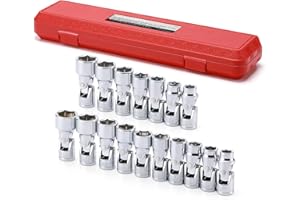 MIXPOWER 17-Piece 3/8" Drive Universal Joint Socket Set, 6 Point, SAE & Metric, 10-19mm, 3/8"-3/4", Swivel Socket with Flexib