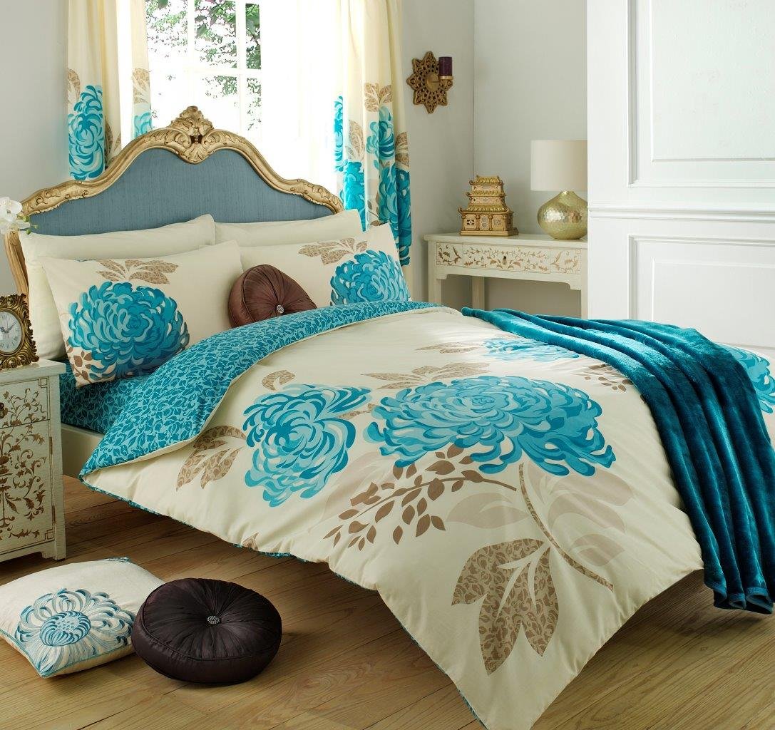 Gaveno Cavailia Kew Luxurious Bed Set with Duvet Cover and Pillow Cases, Polyester-Cotton, Double-Cream/Teal