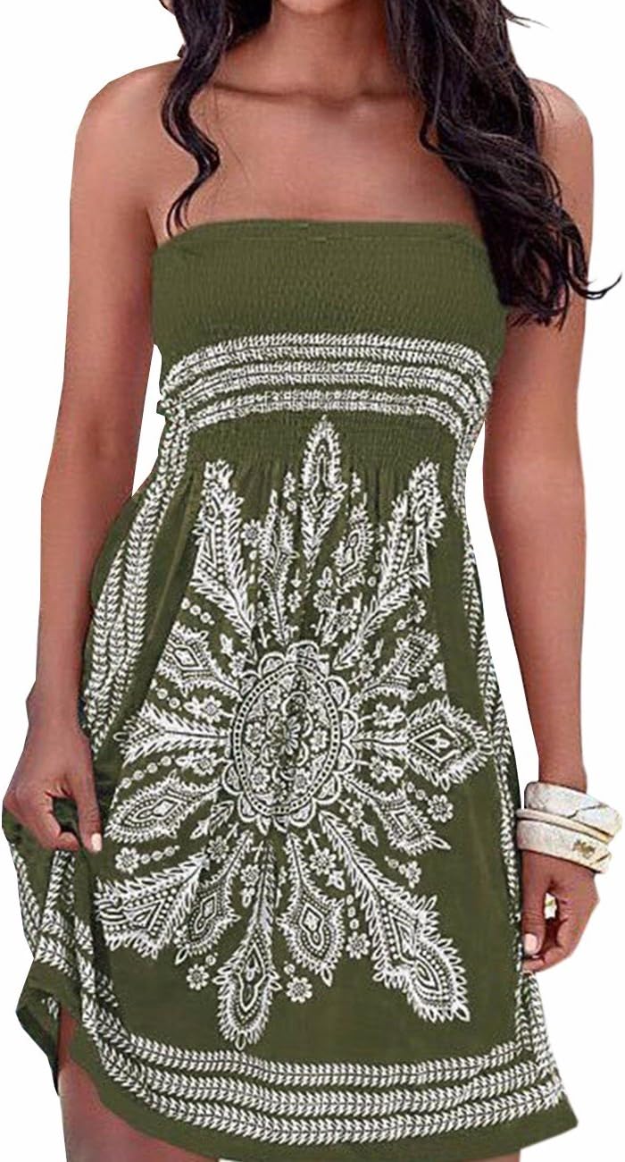 HAHAEMMAEmma Women's Summer Strapless Off Shoulder Floral Print Bohemian Skirt Casual Colorful Mini Beach Dresses