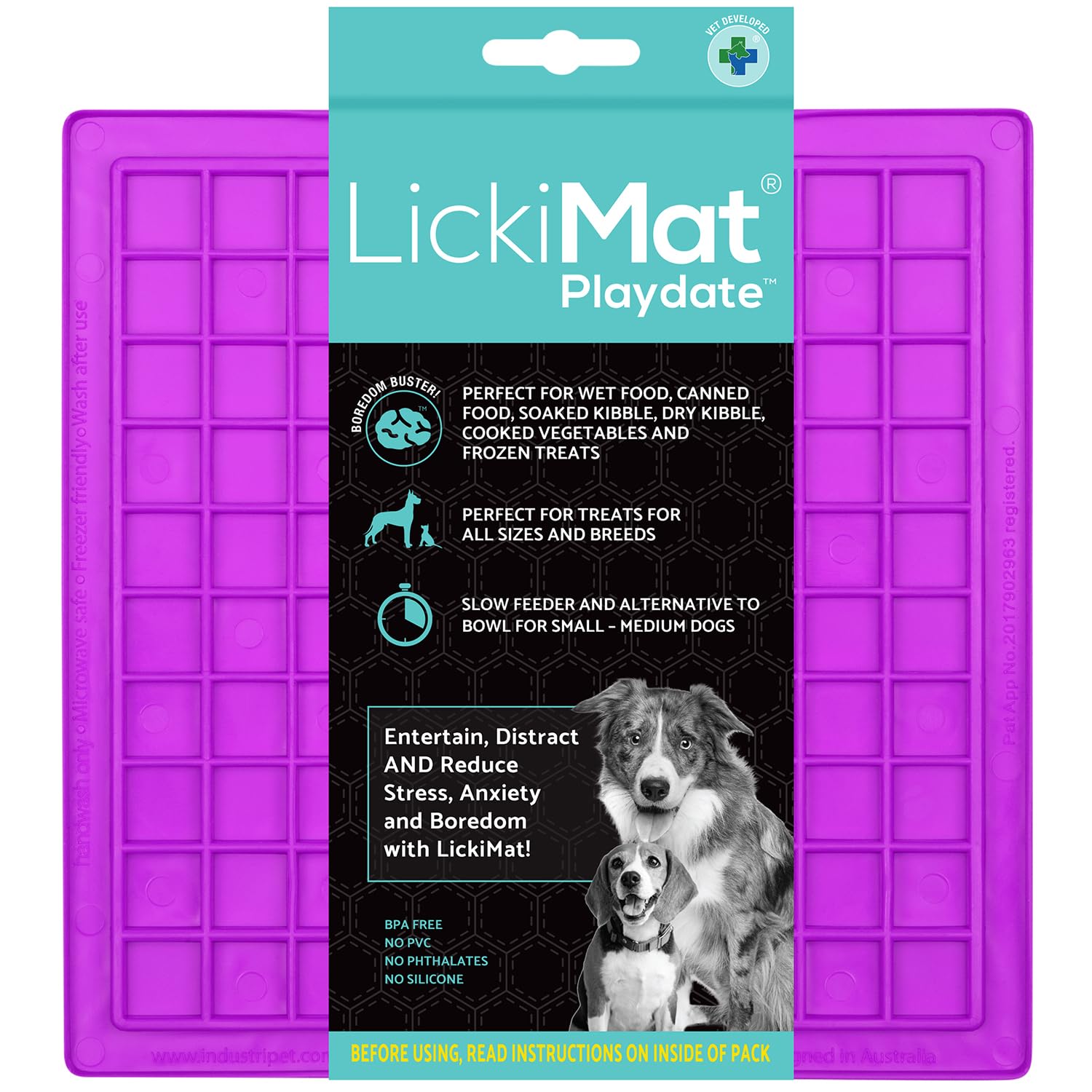 LickiMat Classic Playdate, Dog Feeding Mat for Boredom and Anxiety Relief, Ideal for Food, Treats, Yoghurt or Peanut Butter, Lick Mats, Fun Alternative to a Slow Feeder Bowl, Purple
