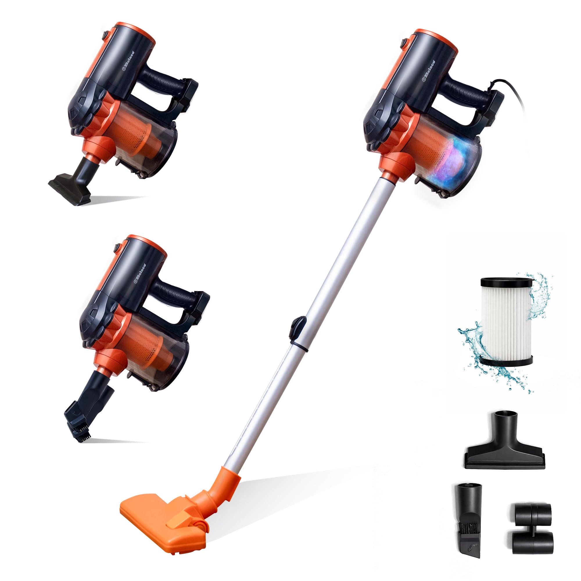 Belaco Corded Vacuum Cleaner 3-in-1 Stick & Handheld, 600W Bagless Multi-Cyclonic HEPA Hoover, Carpet & Hard Floor, Upright, Adjustable Metal Pipe, 5m Cable, 2.5kg