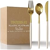 Trendables 120 Pack Disposable Silverware Set - Ivory & Gold Plastic Cutlery Dinnerware - Includes 40 Forks, 40 Spoons, 40 Knives - Party Set