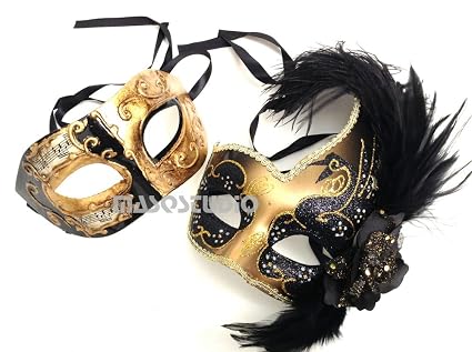 Masqstudio Couples Black Gold Masquerade Ball Mask Pair Feather Mardi Gras Party Valentines Gift For Her Music Notes Black Gold - 