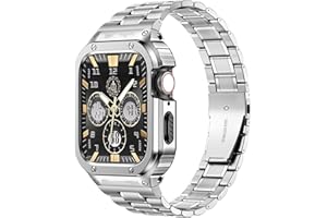 MioHHR Stainless Steel Watch Band with Case Compatible with Apple Watch Series 6 5 4 SE3/2/1(44mm) Series 3/2/1(42mm),Rugged Strap with Metal Protective Bumper Cover for iWatch Band Men(Silver)