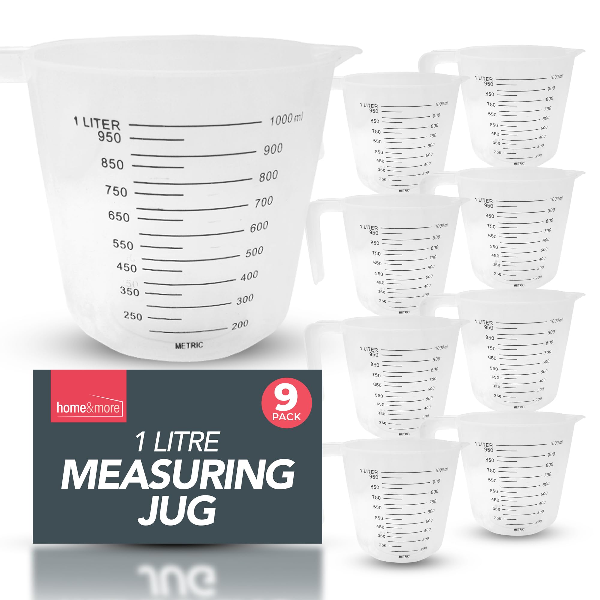 SOL 9pk Plastic Measuring Jugs 1 Litre Capacity Clear Measurement Markings Durable Lightweight Liquid Measuring Cups for Cooking Baking Mixing Kitchen Preparation Stackable Easy Clean Pouring Spout